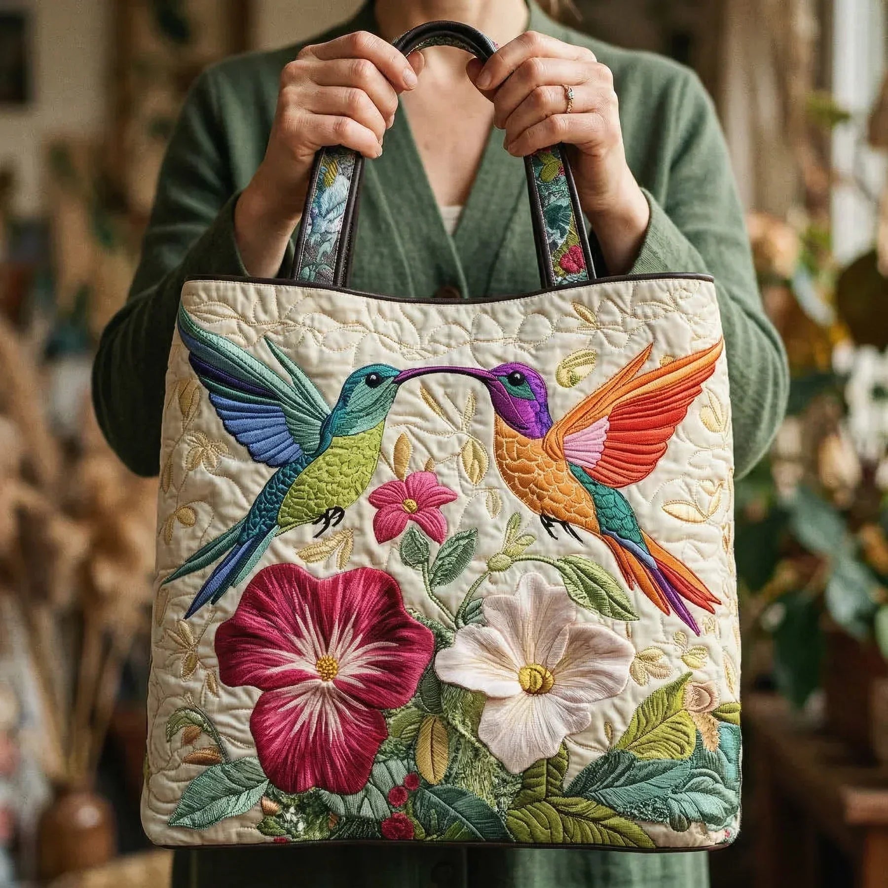 Quilted Bag - Hummingbird with White Flowers