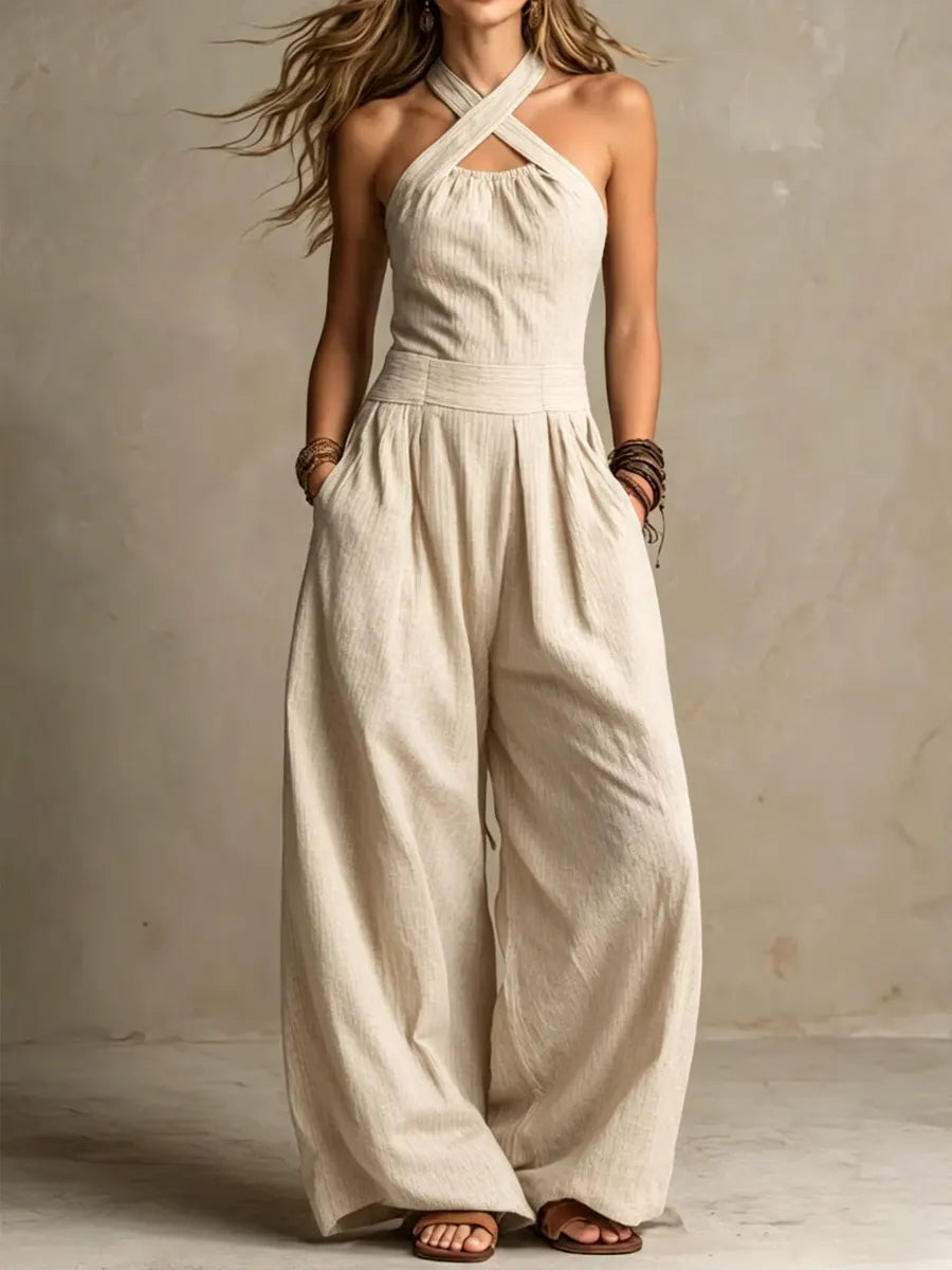 BIANCA | Linen and Cotton Jumpsuit with an Elegant Cross-Over Neckline