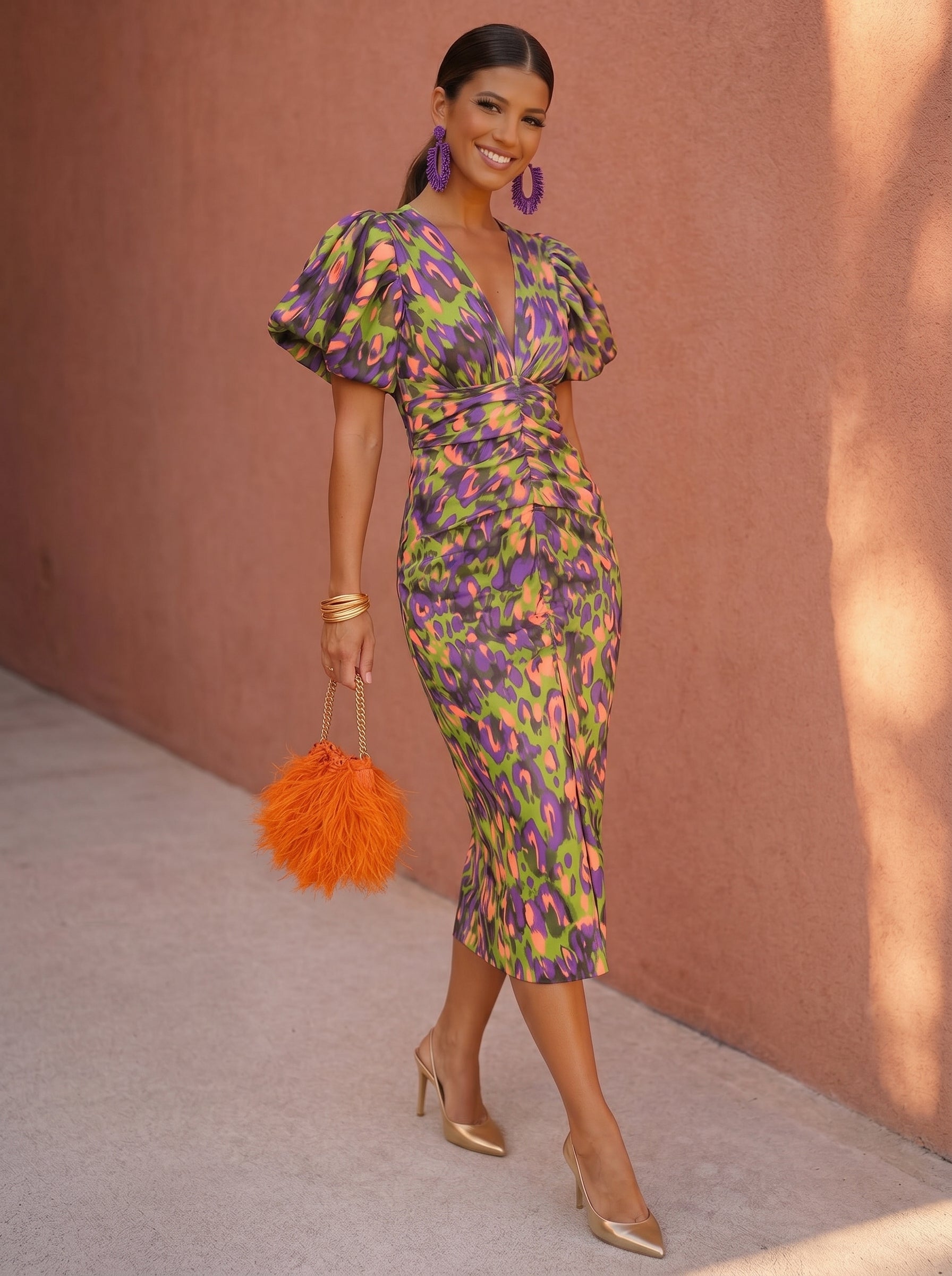 Carla | Printed Midi Dress with Puff Sleeves